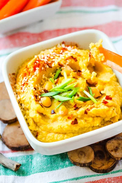 Gros Plan Sur Houmous Servi Hummus Sain Tremper Avec Des — Photo