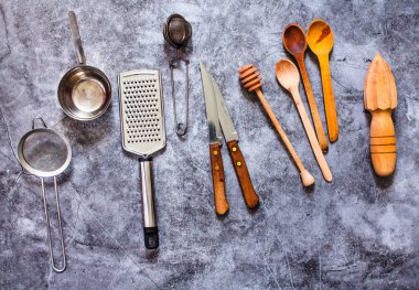 Metal and wooden kitchen utensils. Eco friendly Zero waste plast clipart