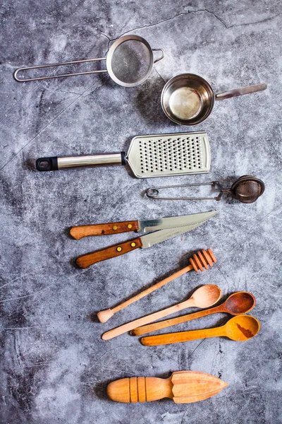 Fém-és fa konyhai eszközök. Környezetbarát Zero hulladék Plast — Stock Fotó