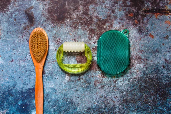 Wooden and silicone brush for body and shower massage. Skin care — Stock Photo, Image