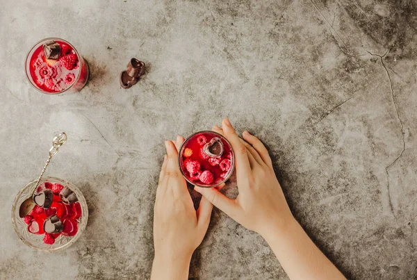 Young Woman Hands Holding Eating Jelly Dessert Fresh Raspberries Served — Stock Photo, Image