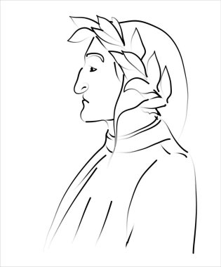 Ünlü İtalyan şair Dante Alighieri 'nin kafası ortaçağ şapkası ve defne çelengi, karikatür, vektör çizimleri ve siyah mürekkep çizgileri ile el çizimi tarzında beyaz bir arka planda izole edilmiş.