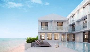 Deniz manzaralı. Lüks modern yüzme havuzlu beyaz plaj oteli. Tatil evi ya da otel için güneşli güvertede.