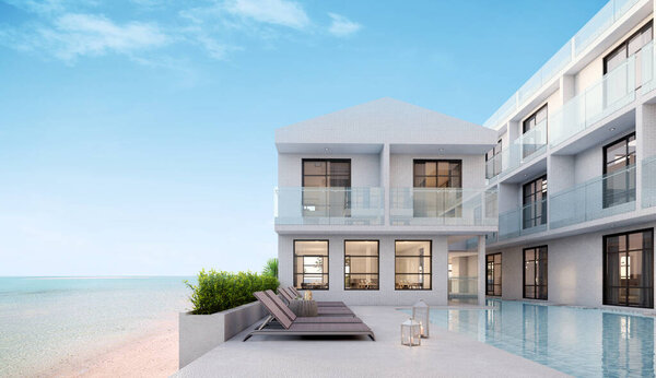 Шикарный современный отель на белом пляже с бассейном, лежаки на солнечной палубе для дома отдыха или отеля.
