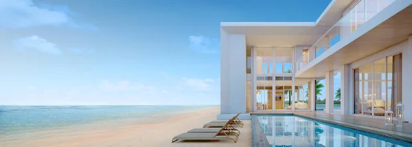 Uitzicht Zee Luxe Modern Strandhuis Met Zwembad Ligbed Voor Vakantiehuis — Stockfoto
