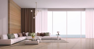 Modern lüks ev. Oturma odası, deniz manzaralı. Tatil evi ya da tatil haini.