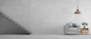 Çatı katı tarzı iç mekan. Metal merdiveni ve beton 3D kaplamalı gri koltuk.