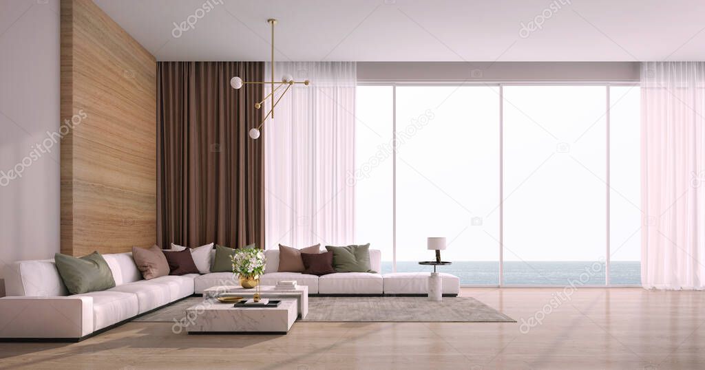 Modern luxury house.Sofa in living room with sea view outside.Vacation home or holiday villa.3d rendering