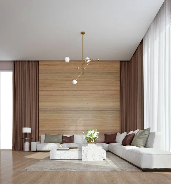 Modernes Luxus Haus Wohnzimmer Mit Sofa Und Holzboden Rendering — Stockfoto