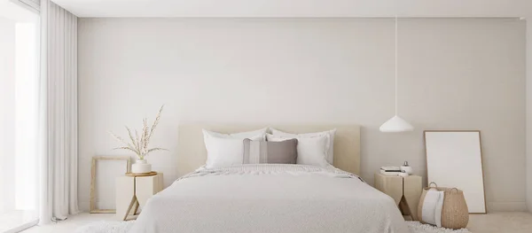 White Bedroom Interior Earth Tones Design3D Rendering — Stok Foto