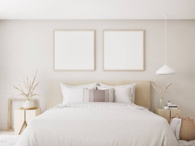 Beyaz yatak odası. Dünya tonları 3D tasarım.