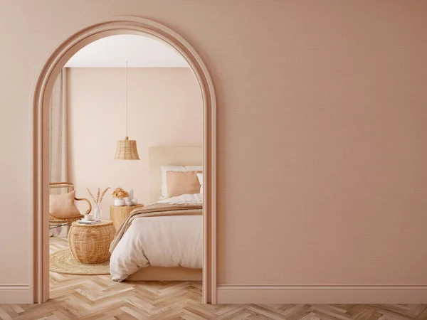 Interior Beige Kamar Tidur Desain Nada Dengan Lengkungan Wall Rendering — Stok Foto