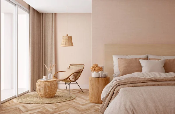 Bedroom interior.Beige tones design.3d rendering