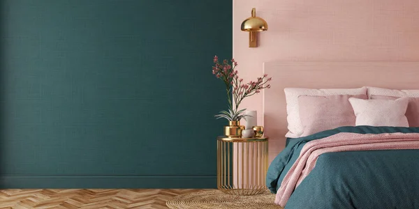 Dormitor Interior Art Deco Style Design Verde Roz Aur Color — Fotografie, imagine de stoc