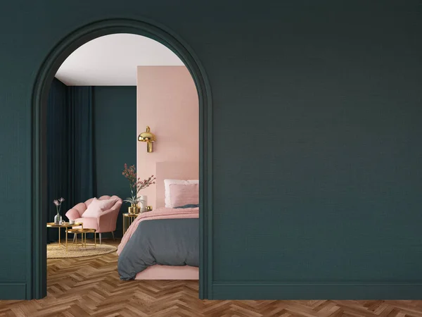 寝室のインテリア アートデコスタイル アーチ壁と緑のピンクと金の色 デザイン3Dレンダリング — ストック写真