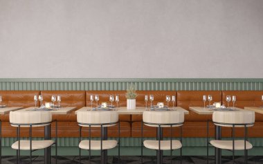 Lokanta içi kanepe, sandalyeler masalar ve beyaz duvar 33D tasarımı.