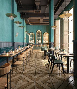 Restoran ve bar içi. Modern klasik 3D tasarım.