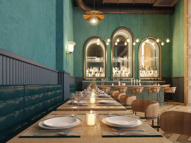 Restoran ve bar içi. Modern klasik tarz. Gıda konsepti için boş tabak.