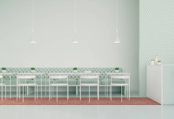 Cafeteria.Coffee shop interior.Counter bar,sofa,chairs and tables.Design with mint green color.3d rendering