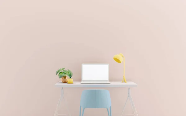Mesa Con Ordenador Portátil Burlan Color Pastel Silla Azul Lámpara — Foto de Stock