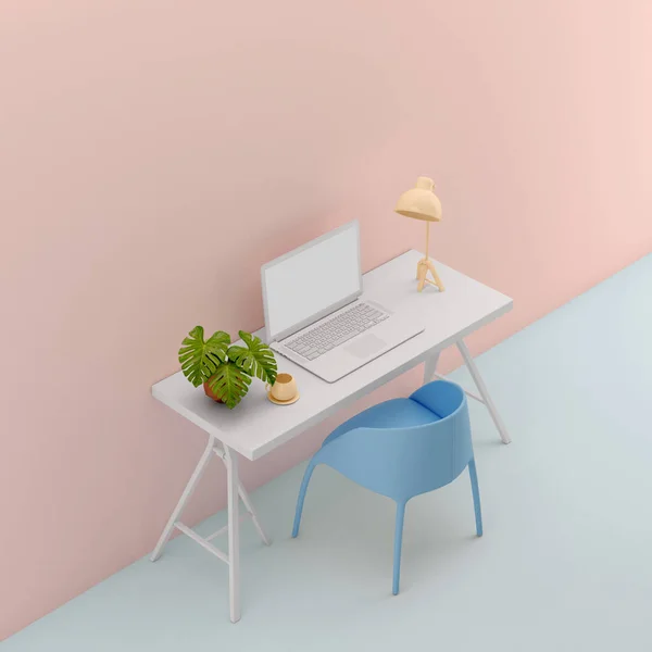 Mesa Con Ordenador Portátil Maqueta Color Pastel Silla Azul Lámpara — Foto de Stock