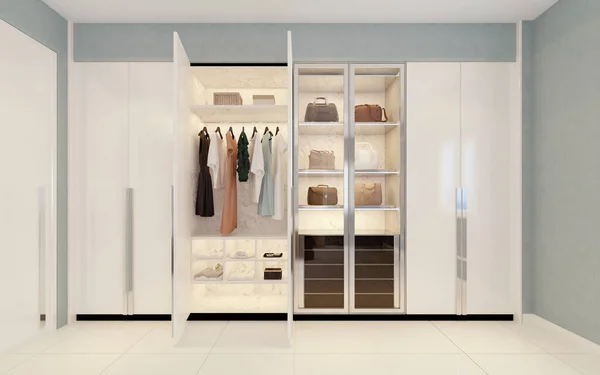 Modern Style Walk Closet White Wardrobe Rendering — Stock Photo, Image