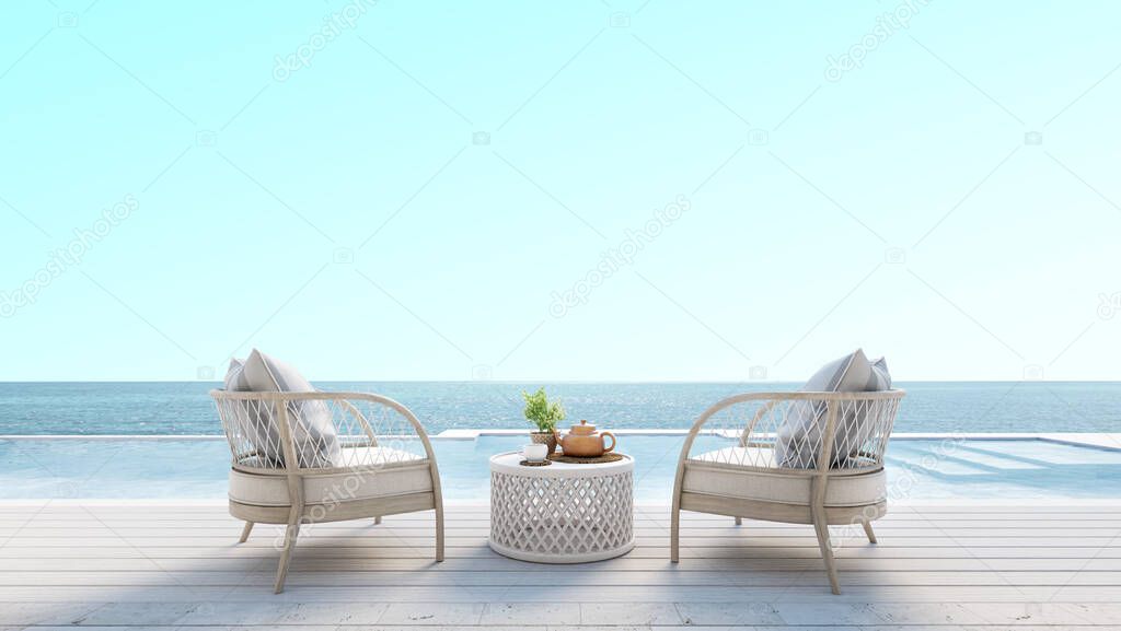 Beach lounge with sundeck,pool and sea view for vacation and summer.3d rendering