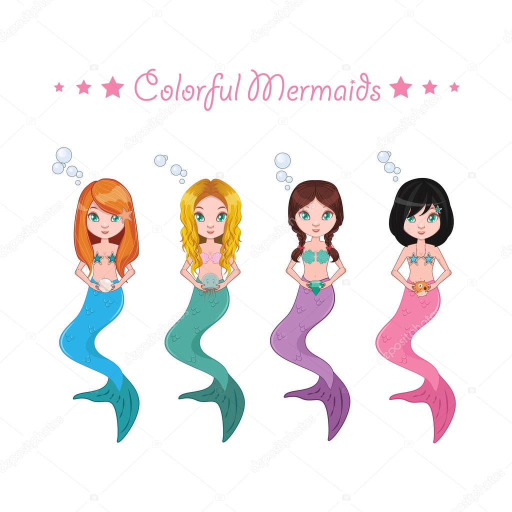 Collection of four colorful mermaids