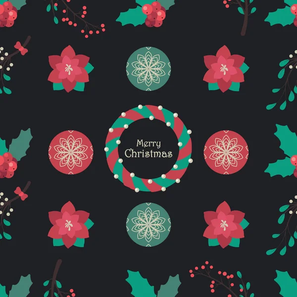 Nahtlose Muster Hintergrund Mit Weihnachtsblumen Und Christbaumkugeln — Stockvektor