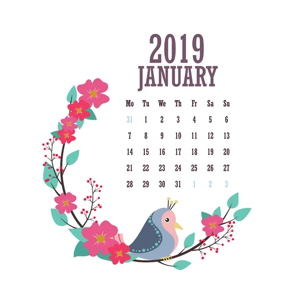 Calendario 2019 Con Coloridas Aves Flores Enero — Archivo Imágenes Vectoriales