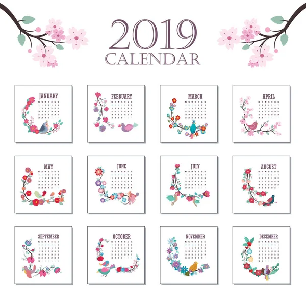 Calendario 2019 Con Hermosas Aves Flores Colores — Archivo Imágenes Vectoriales