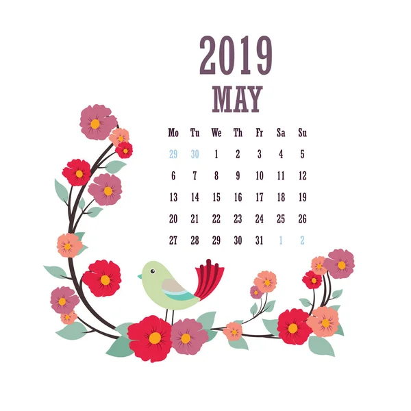 Calendario 2019 Con Coloridas Aves Flores Mayo — Archivo Imágenes Vectoriales