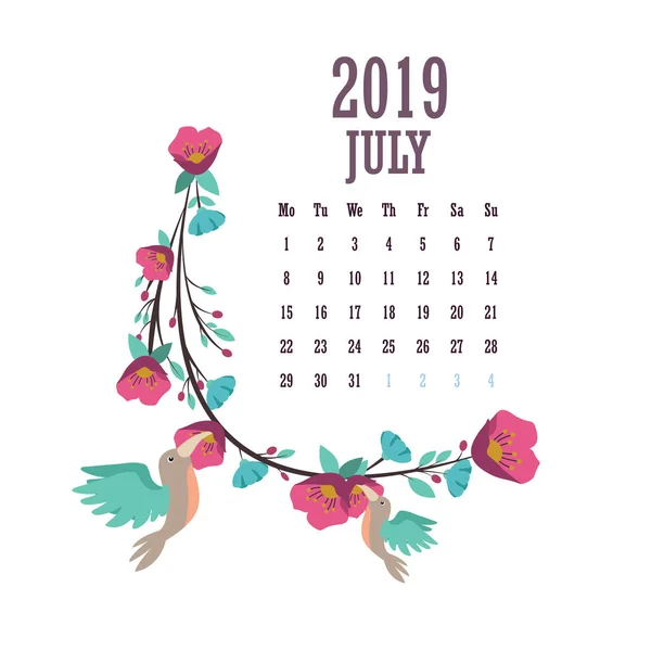 Calendario 2019 Con Coloridas Aves Flores Julio — Archivo Imágenes Vectoriales