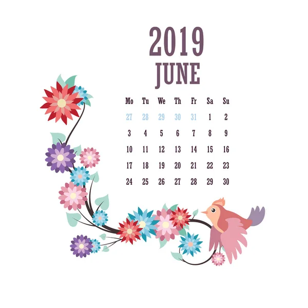 Calendario 2019 Con Coloridas Aves Flores Junio — Archivo Imágenes Vectoriales