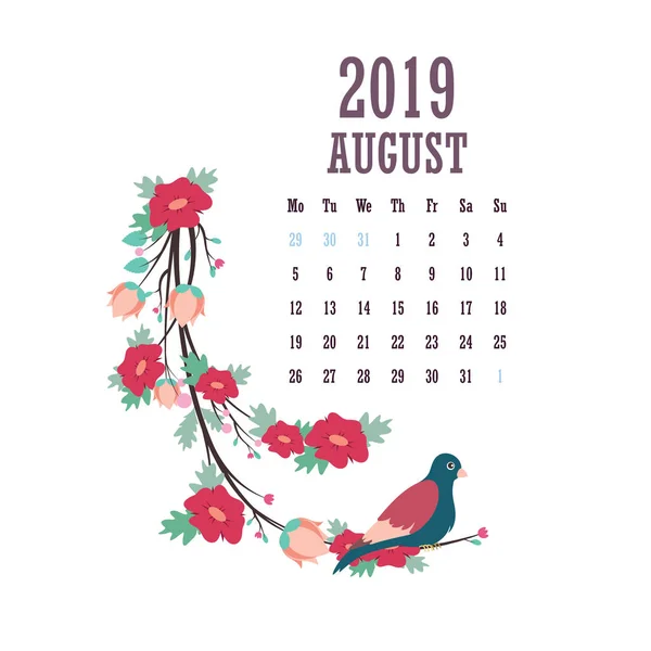 Calendario 2019 Con Coloridas Aves Flores Agosto — Archivo Imágenes Vectoriales