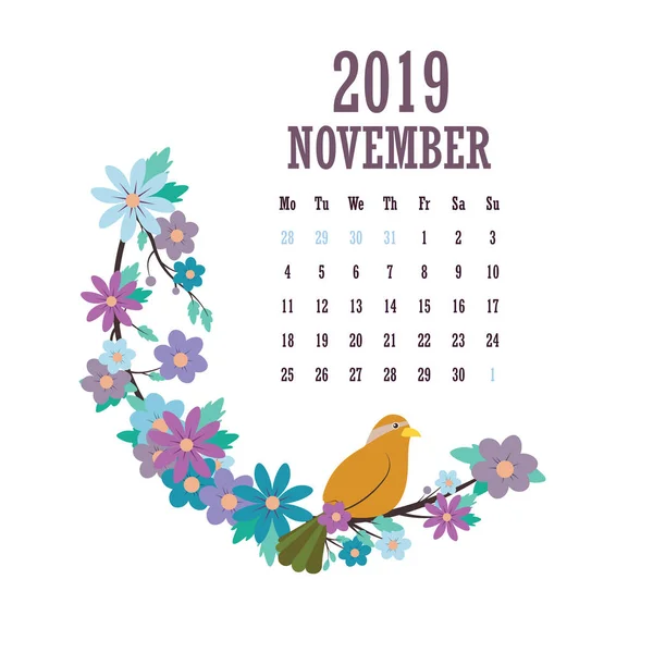 Calendario 2019 Con Coloridas Aves Flores Noviembre — Archivo Imágenes Vectoriales