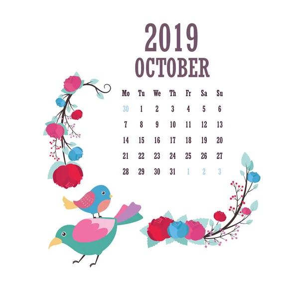 Calendario 2019 Con Coloridas Aves Flores Octubre — Archivo Imágenes Vectoriales