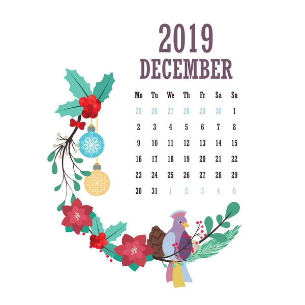 Calendario 2019 Con Coloridas Aves Flores Diciembre — Archivo Imágenes Vectoriales