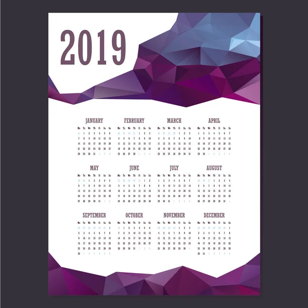 Геометрический Календарь 2019 Года Фиолетовыми Цветами — стоковый вектор