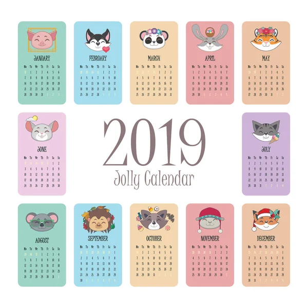 Calendario 2019 Con Caras Animales Alegres — Archivo Imágenes Vectoriales