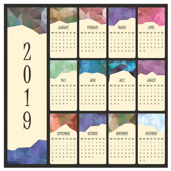 Calendario 2019 Con Encabezado Geométrico Para Cada Mes — Archivo Imágenes Vectoriales