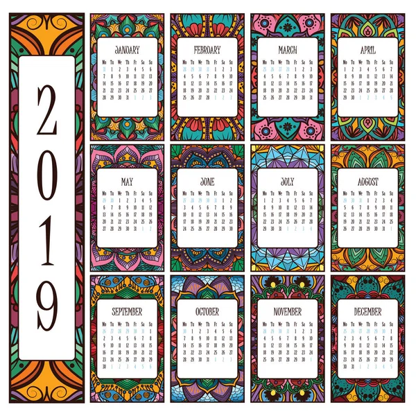 Calendario 2019 Con Hermosos Mandalas Intrincados — Archivo Imágenes Vectoriales