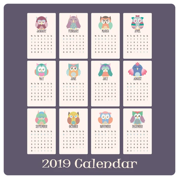 Colorido Calendario Búhos Para 2019 — Archivo Imágenes Vectoriales