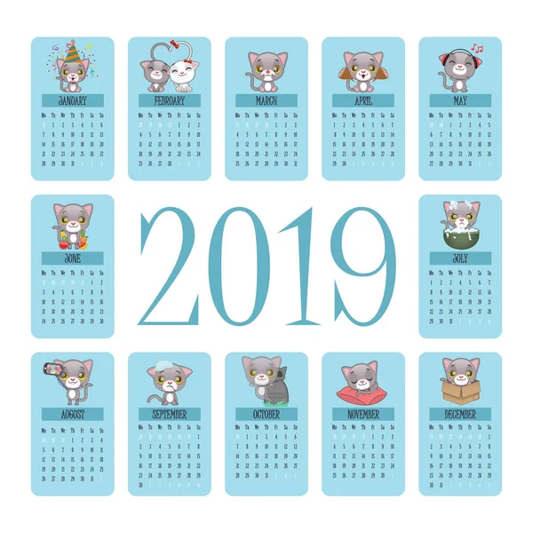 Calendario 2019 Con Lindos Momentos Gato Gris — Archivo Imágenes Vectoriales
