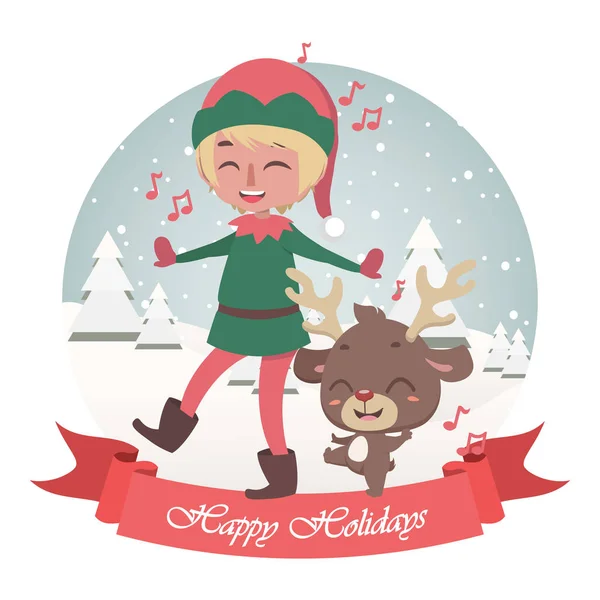 陽気なエルフとトナカイを歌うとかわいいクリスマスの挨拶 — ストックベクタ