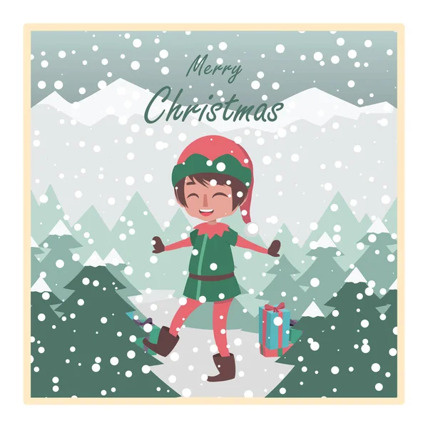 Χαιρετισμό Ευτυχισμένο Elf Και Χιονισμένο Φόντο — Διανυσματικό Αρχείο