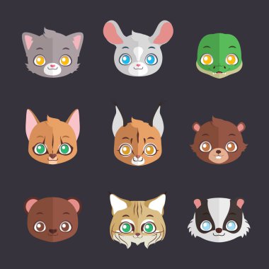 Düz renkli hayvan yüzleri topluluğu