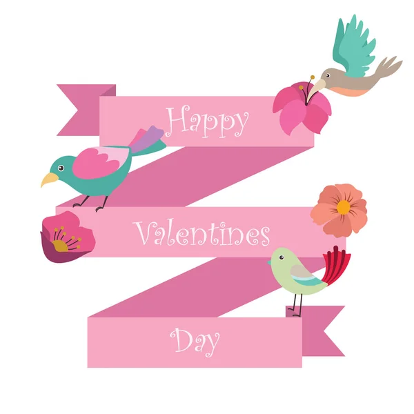 Banner Del Día San Valentín Con Hermosas Aves Flores — Vector de stock