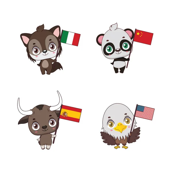 Χαριτωμένα Εθνικά Ζώα Σημαίες Της Χώρας Τους — Διανυσματικό Αρχείο