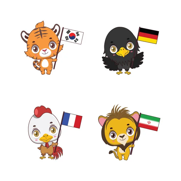 Animaux Nationaux Mignons Avec Leurs Drapeaux Pays — Image vectorielle